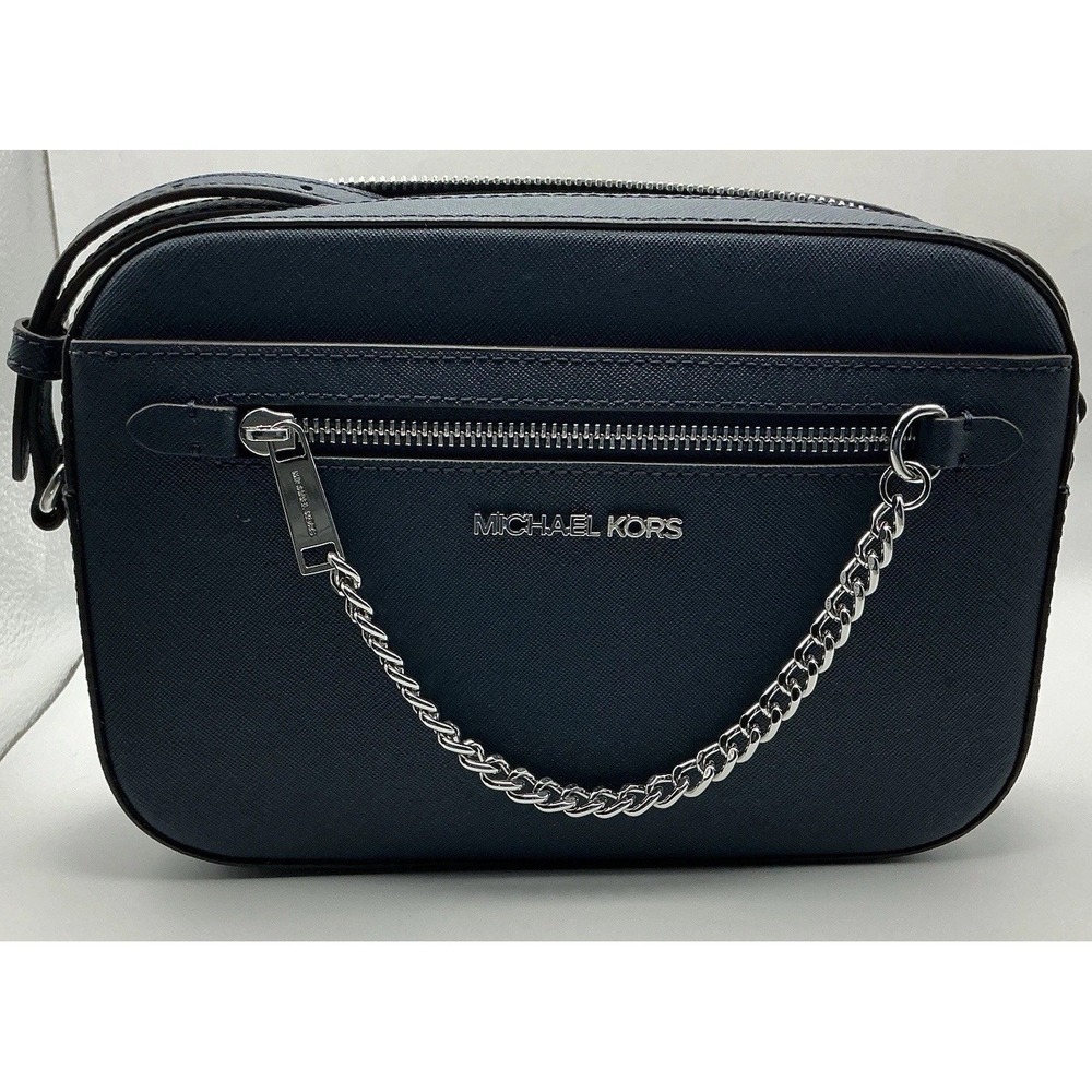 Michael Kors Large East West Zip Chain Crossbody Navy Saffiano Leather Silver